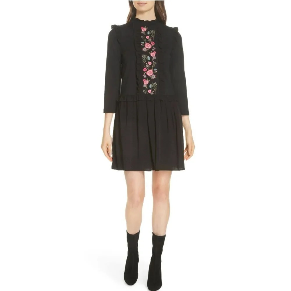 Kate Spade Black Floral Broome Street Embroidered Ruffle‎ Mixed Media Mini Dress